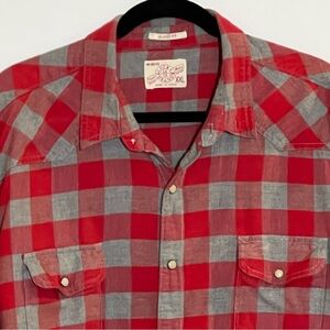 Lucky Brand XL Red Gray Buffalo Plaid Western Snap Shirt Y2K